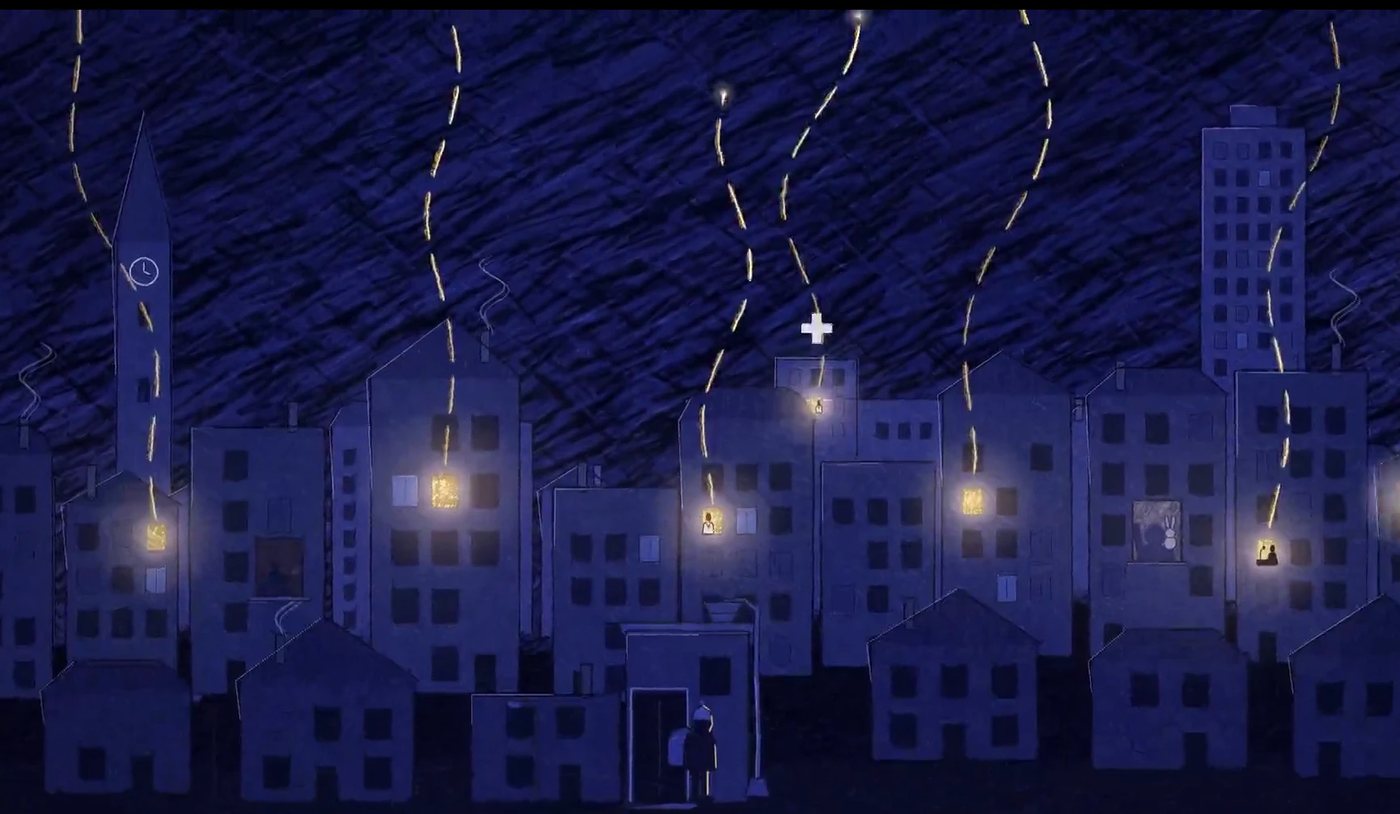 Standbild aus dem Film „Die Sterne“: eine Stadt bei Nacht. Aus erleuchteten Fenstern, hinter denen Menschen arbeiten, steigen goldene Fäden in den Himmel. Unten steht ein Kind mit Rucksack vor einer Tür.